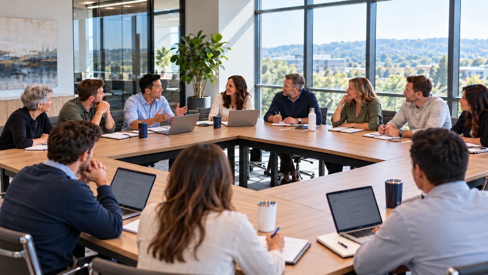 A leadership team gathered around a conference table discussing their organization's AI policy